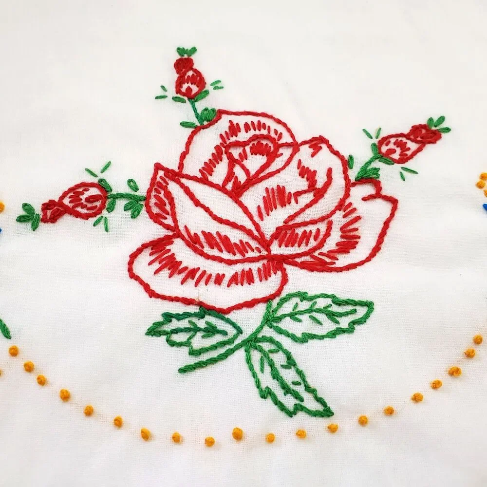 Vintage Hand Embroidered Floral Pillowcases White Cotton Pair 2 Cottagecore